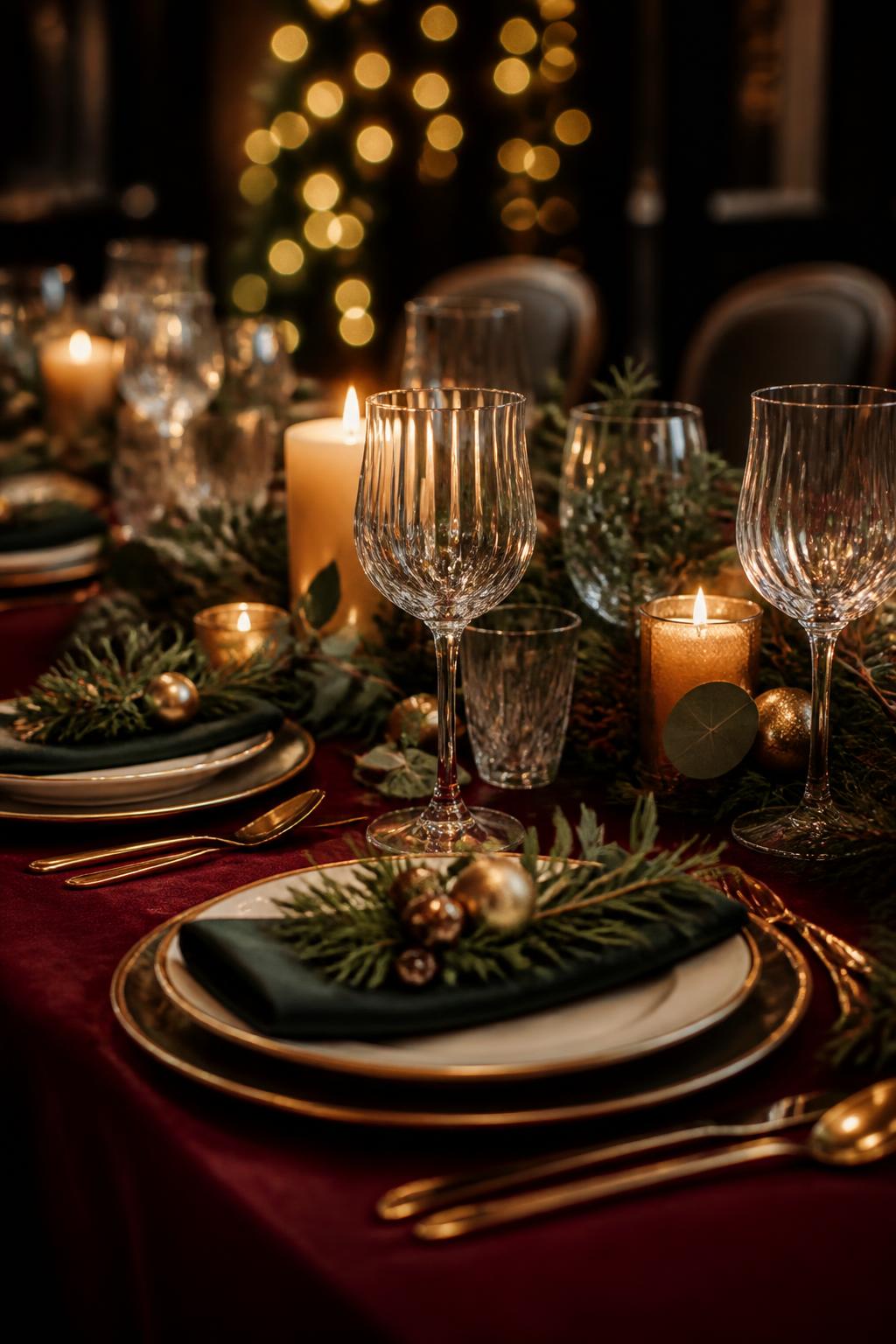 An elegant Christmas restaurant table with candles, wine glasses and festive greenery
